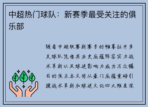 中超热门球队：新赛季最受关注的俱乐部