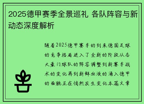 2025德甲赛季全景巡礼 各队阵容与新动态深度解析