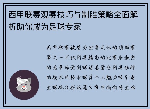 西甲联赛观赛技巧与制胜策略全面解析助你成为足球专家
