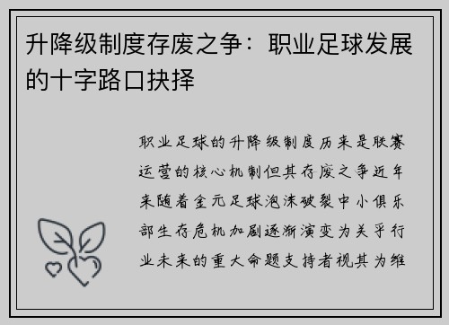 升降级制度存废之争：职业足球发展的十字路口抉择